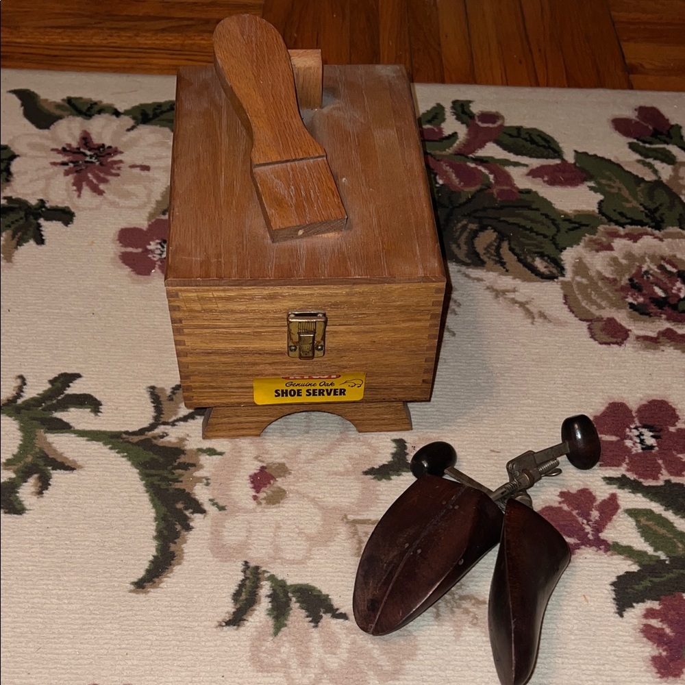 Vintage Oak Shoe Server Shine Box FULL KIT w/ Brushes Polish + Shoe Stretchers